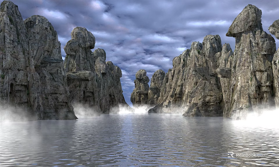 Stunning Rocky Landscape With Calm Water Mist And Dramatic Cloudy Sky 3d model 