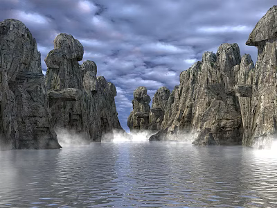 Stunning Rocky Landscape With Calm Water Mist And Dramatic Cloudy Sky 3d model