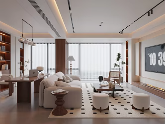 Modern and Antique Style Living Room Sofa Coffee Table Combination TV Background Wall Bookcase Decorative Cabinet Desk and Chair 3d model