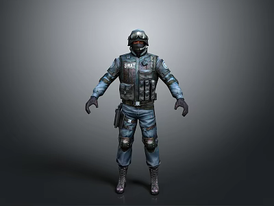 Man In SWAT Tactical Uniform With Bulletproof Vest Helmet Knee Pads And Gloves 3d model