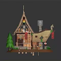 Cartoon Scene of Whimsical Cottage with Blue Thatched Roof Wooden Ladder Green Trees and Stone Chimney
