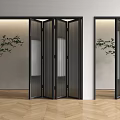 Modern Black Framed Folding Doors in Interior with Glass Panels and Wooden Floor
