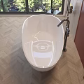 Stylish Bathroom Interior With White Freestanding Bathtub Red Wall And Herringbone Wooden Floor