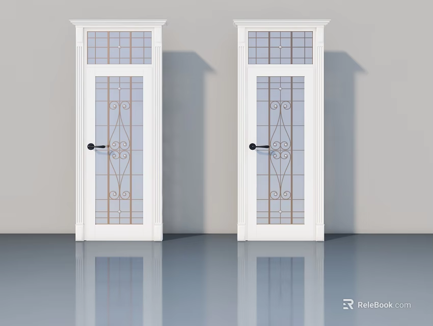 Elegant White Interior Swing Doors With Decorative Glass Patterns Design 3d model