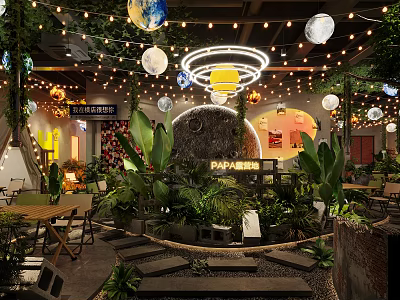 Cozy Restaurant Interior With Globe Lights String Lights Lush Green Plants And Wooden Seating 3d model