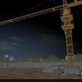 Construction Site With Tower Crane Blue Sky White Clouds Wooden Planks Bricks And Green Trees