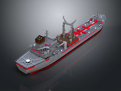 Gray And Red Cargo Ship Model With Detailed Deck Mechanical Structures 3d model