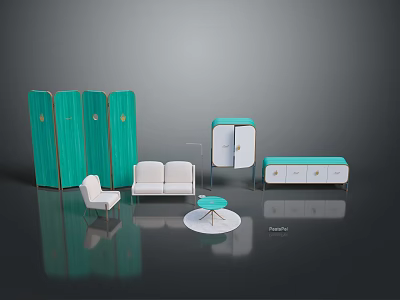 Modern Living Room Furniture Collection With Turquoise Screen White Sofa And Teal Cabinet 3d model