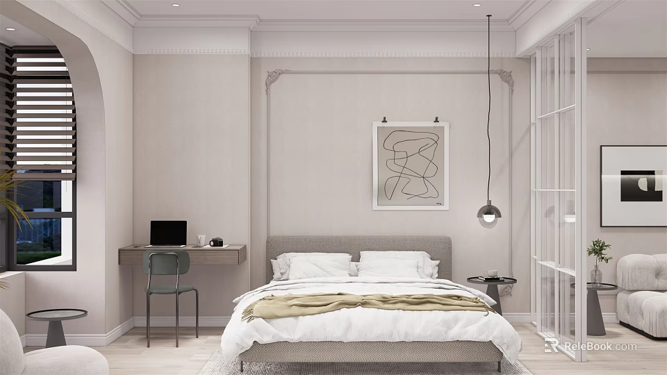 Minimalist Bedroom Interior Design With Light Walls Bed Desk Chair Abstract Art And Pendant Light 3d model 