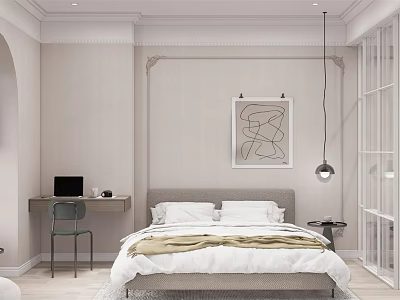 Minimalist Bedroom Interior Design With Light Walls Bed Desk Chair Abstract Art And Pendant Light 3d model
