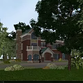 Detached Villa Featuring Red Brick Exterior Green Roof Arched Porch And Lush Garden With Trees
