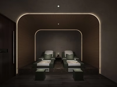Modern SPA Sauna Interior With Wooden Walls Green Lounge Chairs And Soft Lighting 3d model