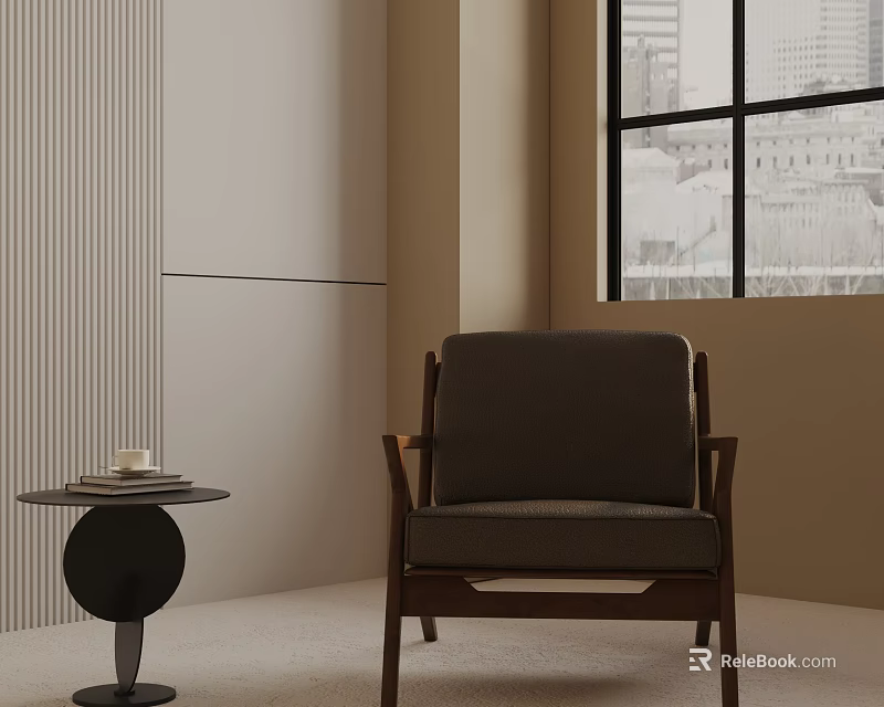 Leisure Chair in Light Room with Small Round Table Cup Books and City View Window 3d model 