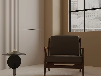 Leisure Chair in Light Room with Small Round Table Cup Books and City View Window 3d model