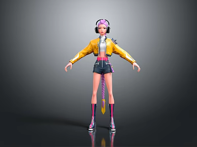 3D Character With Pink Hair Headphones Yellow Jacket Shorts And Purple Socks Shoes 3d model
