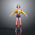 3D Character With Pink Hair Headphones Yellow Jacket Shorts And Purple Socks Shoes