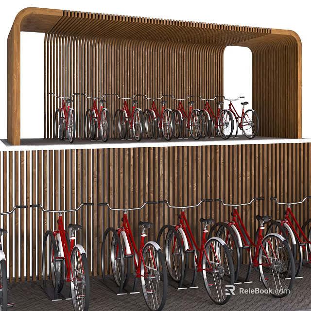 Modern Wooden Slatted Bike Shelter for Bicycle Parking with Red Bikes 3d model 