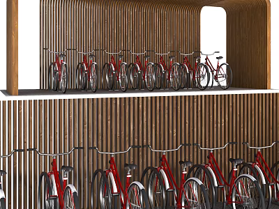 Modern Wooden Slatted Bike Shelter for Bicycle Parking with Red Bikes 3d model