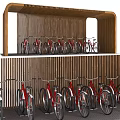 Modern Wooden Slatted Bike Shelter for Bicycle Parking with Red Bikes