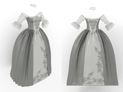 Vintage Gray And White Long Dress With Puffed Sleeves And Floral Embroidery Details 3d model