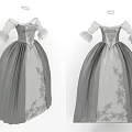 Vintage Gray And White Long Dress With Puffed Sleeves And Floral Embroidery Details