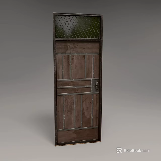 Wooden Front Door With Metal Frame And Grid Panel On Top Design 3d model 