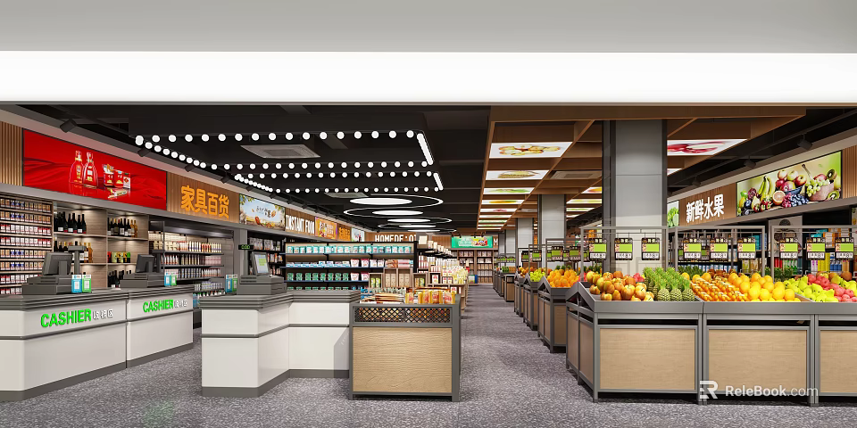Modern Supermarket Interior With Organized Shelves Fresh Produce And Checkout Counters 3d model 