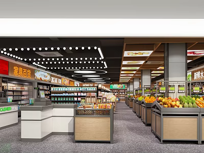 Modern Supermarket Interior With Organized Shelves Fresh Produce And Checkout Counters 3d model