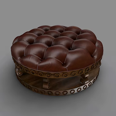 Round Brown Tufted Ottoman with Decorative Wooden Base and Buttoned Upholstery 3d model