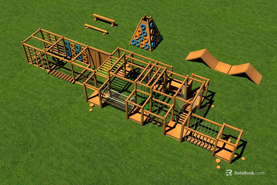 Wooden Playground Equipment With Climbing Structures Slide And Benches On Grass 3d model 