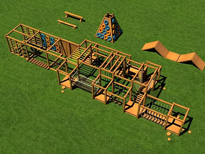 Wooden Playground Equipment With Climbing Structures Slide And Benches On Grass 3d model