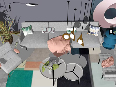 Modern Sofa Coffee Table Set With Decorative Pillows Round Tables Pendant Lights And Green Plants 3d model
