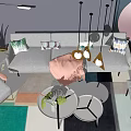 Modern Sofa Coffee Table Set With Decorative Pillows Round Tables Pendant Lights And Green Plants