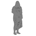 Woman in black long dress holding camera standing against gray background