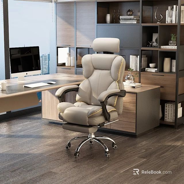 Comfortable Light Gray Leather Office Chair With Adjustable Headrest In Modern Office Space 3d model