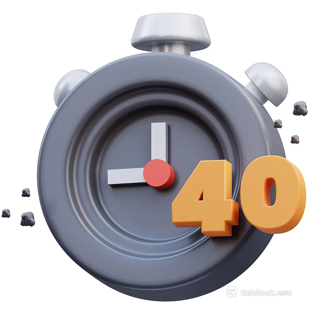 Gray Decorative Ornament Set with Alarm Clock Red Hands Orange Number 40 and Falling Chips 3d model 
