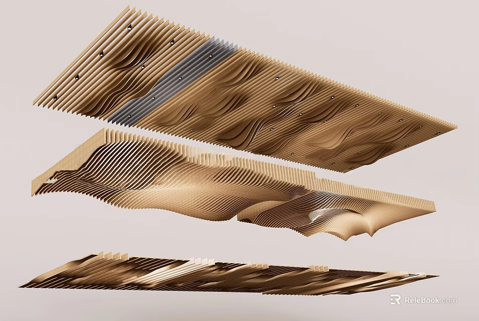 Modern Wooden Ceiling Design With Curved Lines Layered Structure And Natural Texture 3d model 