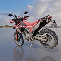 Red and Black Off Road Motorcycle With Blue Sky White Clouds And Smooth Surface Reflection