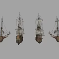 Ancient Warship Models Showcasing Multiple Angles With Wooden Structure Sails And Masts