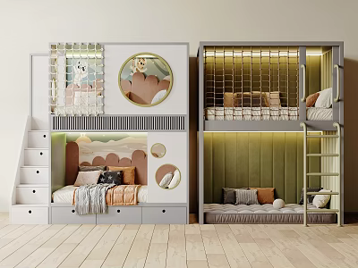 Modern Kids Room Bunk Beds With Drawer Stairs Metal Ladder And Decorative Accents 3d model