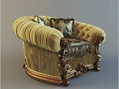 Luxurious Yellow Velvet Accent Chair with Carved Wooden Armrests Metallic Details and Elegant Pillow 3d model