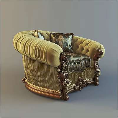 Luxurious Yellow Velvet Accent Chair with Carved Wooden Armrests Metallic Details and Elegant Pillow 3d model