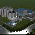 Industrial Plant With White Silos Blue Roof Surrounding Trees Roads Parking Area And Vehicles