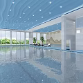 Modern Indoor Swimming Pool Interior With Wavy Blue Ceiling Large Windows And Poolside Lounge Chairs