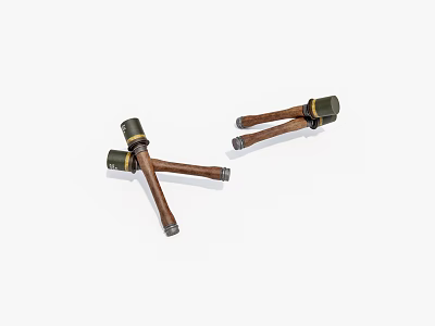 Two Crossed Wooden Weapons With Metal Components On White Background 3d model