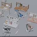 Various Colorful Student Desk and Chair Sets with Bookshelves Drawers and Tabletop Items