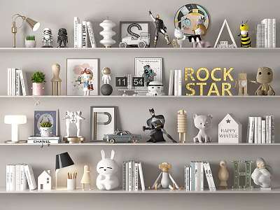 Decorative Ornament Set For Shelf Display With Books Sculptures Dolls And Letter Decor 3d model