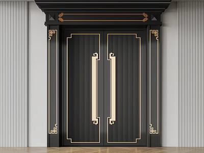 Black Double Security Door Featuring Gold Accents And Ornate Frame Details 3d model