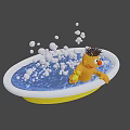 Cheerful Orange Cartoon Character Holding Yellow Rubber Duck With Bubbles