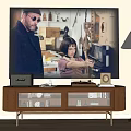 Modern Wooden TV Stand With Storage Shelves And Floor Lamp Near TV